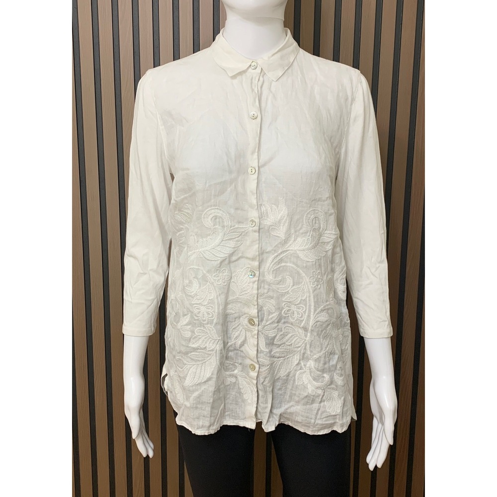 J. Jill White Linen Embroidered Mixed Media Button Down Tunic Top XS